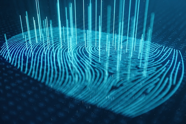3d illustration fingerprint scan provides security access with biometrics identification. concept fingerprint protection. finger print with binary code. concept of digital security