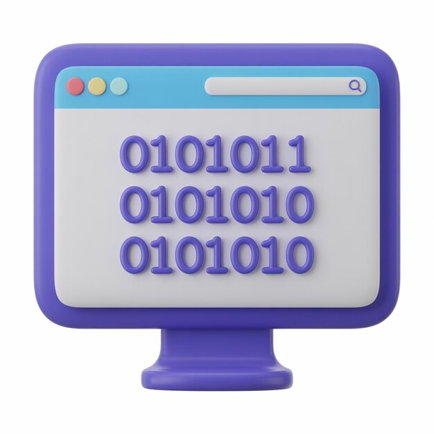 3d illustration of 3d computer monitor displaying binary code symbolizing data programming
