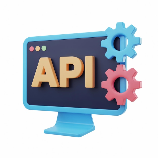 3d illustration of 3d computer screen displaying api text with gears symbolizing programming