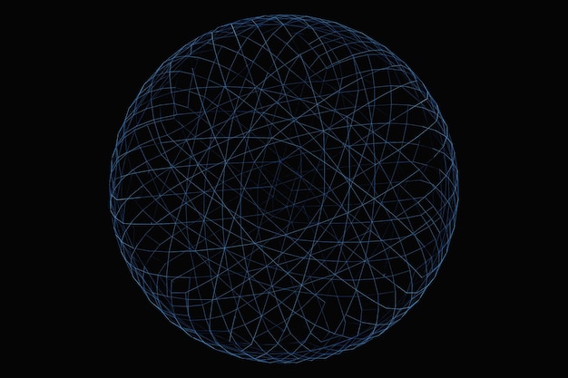 3D illustration of a blue metal ball with many faces on a black background Cyber ball sphere