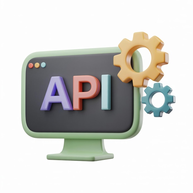 3d illustration of api text on a computer screen with gears representing programming and development