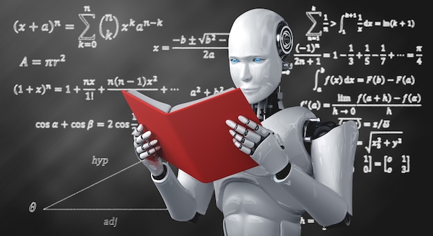 3d illustration of robot humanoid reading book and solving math