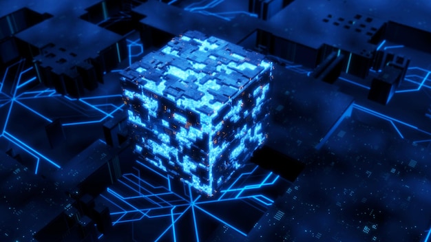 3D illustrationComputer motherboard and chip background