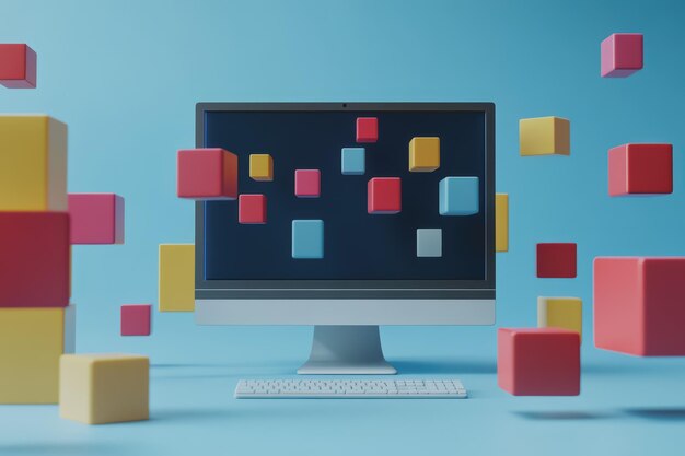 3D image showing office environment computer screen UI design interface and computer display