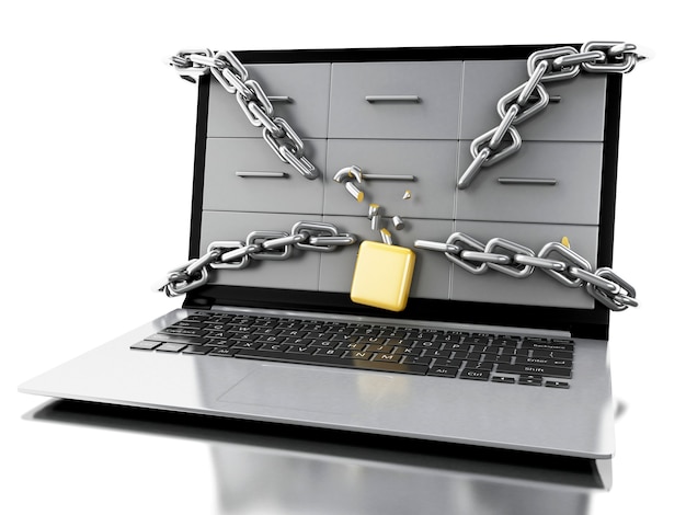 3d laptop with broken security chains. 