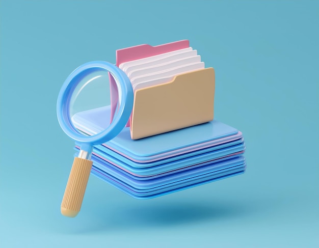 3D magnifying glass searches through a stack of colorful files