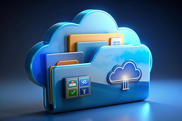 3d media cloud for management multimedia data file document image and video document folder on digital file data transfer 3d icon 3d image folder cloud storage icon vector render illustration