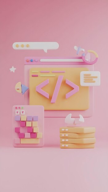 3d minimal cartoon coding language development on pink background web uiux design software develope