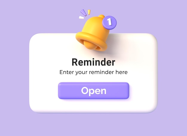 3d notification box with yellow bell and open button in cartoon style concept of reminder or business planning event illustration isolated on purple background 3d rendering
