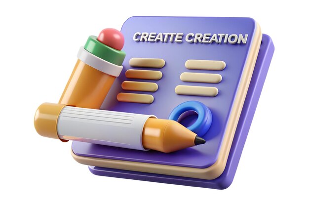 3D Pencil and notepad border frame with Content Creation text and copy space concept as A dynamic bo