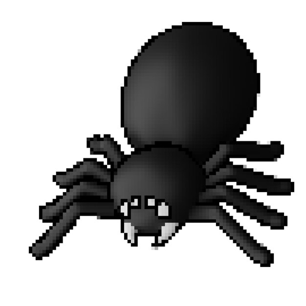3d pixel art scary black spider with white fang, halloween decorative ornament theme design