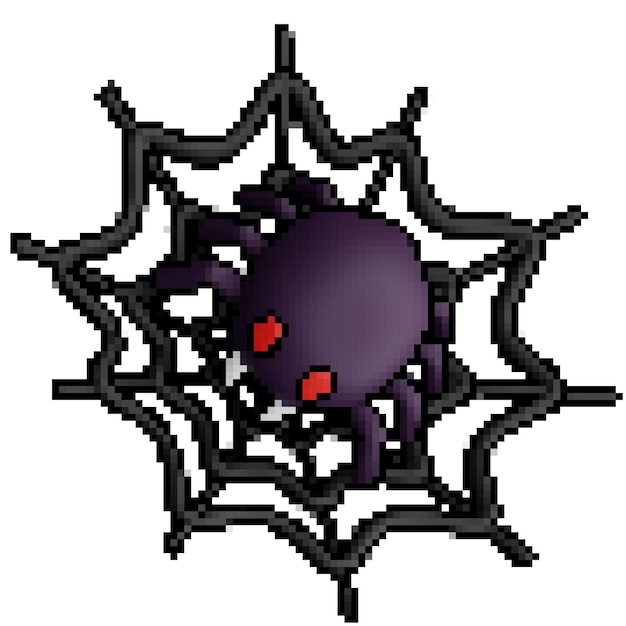3d pixel style scary purple spider staying in the spiderweb, halloween decorative ornament theme