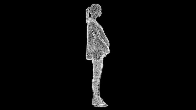 3D pregnant woman on black bg Object dissolved white flickering particles Business advertising backdrop Science concept For title text presentation 3D animation