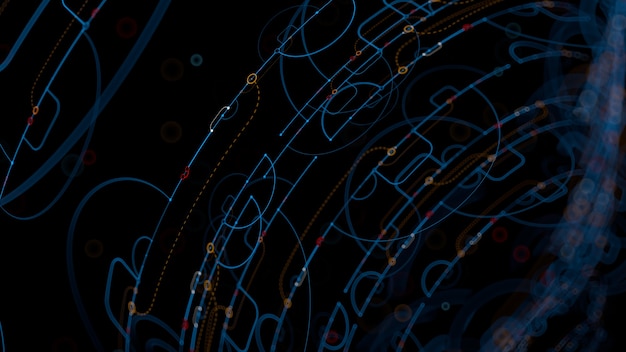 3d render abstract background. Detailed lines in 3d space with depth of field. Repeatable design elements with arcs, dots and connected segments.