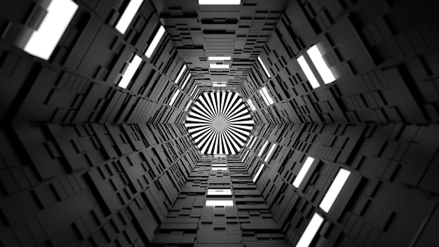 3d render abstract background. long corridor. simple shape extruded with random square polygons at the walls. several wall segments are lighted up.