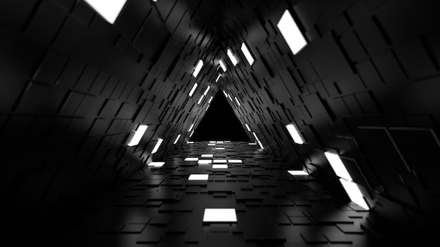 3d render abstract background. long corridor. simple shape extruded with random square polygons at the walls. several wall segments are lighted up.
