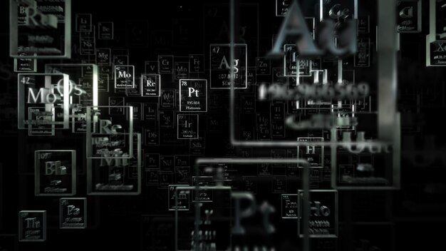 3d render abstract chemical background. periodic table of elements. mendeleev`s table fragment. metal material.