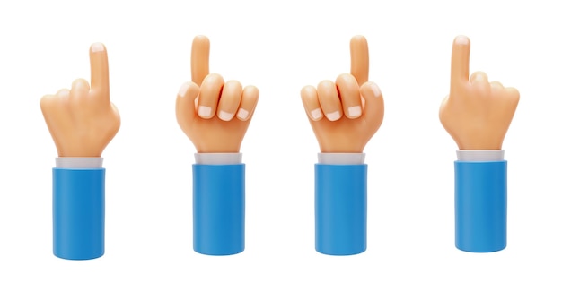 3d render cartoon set of character hand pointing gesture isolated on a white background