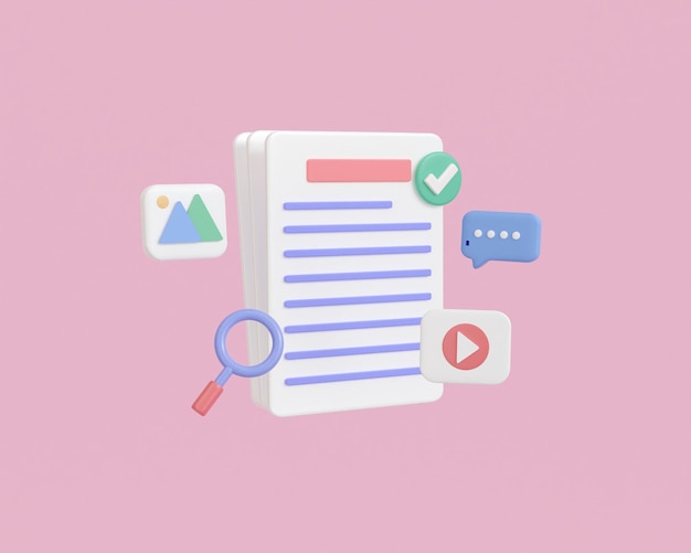 3d render folder document and paper file on pink background. search files digital data with media.