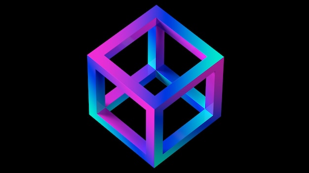 3d render gradient cube in space wireframe color black background geometric shape