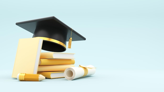 3d render graduation background with copy space and a set of graduation cap cup diploma book pencil