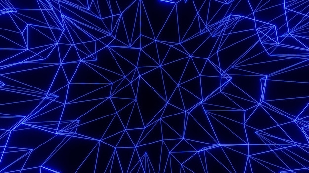 3d render low poly blue wireframe triangle on black background, hosting, internet, web servers, data