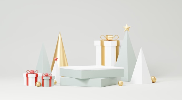 3d Render Merry Christmas Podium platforms scene decorate with christmas tree gifts ball and snowflakes in winter season theme Abstract minimal pedestal product display Festivel Xmas