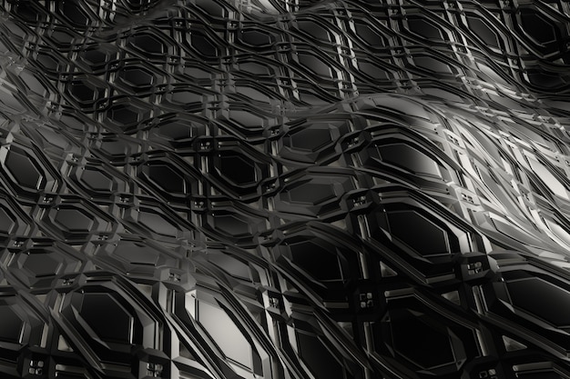 3d render metall background with reflections. Displacement surface. Random patterns extruded from the wavy shape.