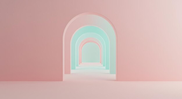 3d render minimal fashion background arch tunnel corridor portal perspective pink mint pastel