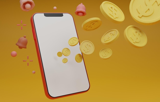 3D render Mobile banking financial payment Smartphone mobile screensmartphone and money coinsOnline payments coin floating on smartphone blank white screen transaction conceptillustrate