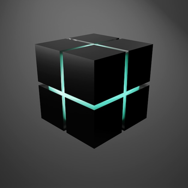 3d render of abstract 3d glowing blue cube wireframe cage around on dark purple background