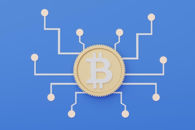 3d render of bitcoin that connect to other network. blockchain system connection concept.