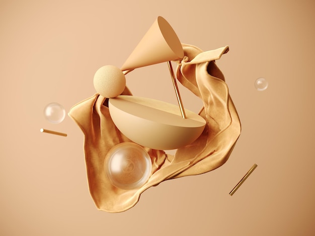 3D render of flying geometric shapes with fabric and bubbles on pastel backdrop
