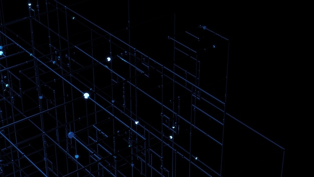 3d render of grid with bright sphere on the edges. Complex technology structure. Data computing concept.