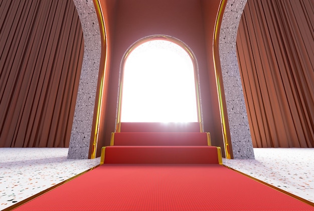 3D render of red carpet leading to an arch door with shining light abstract background