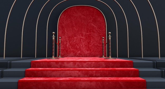 3D render of Staircase with red carpet and barriers in the end luxurious staircase