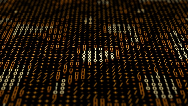 3d render technology background made of digits and text characters. Binary code.