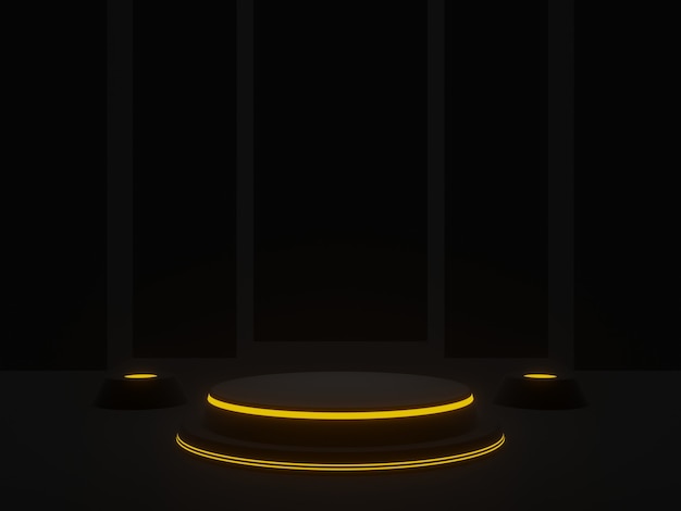 3D rendered black futuristic podium with yellow neon lights
