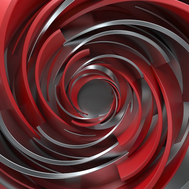 3D rendering abstract background. Twisted concentric shapes. Rotated elements with random sizes with reflective surface.