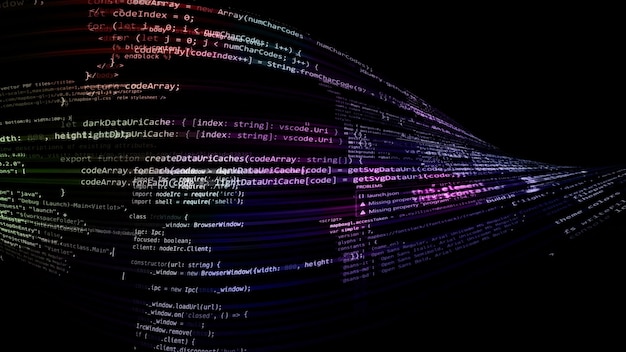 3d rendering abstract code in the virtual space. the computer code is bent in the form of a tape