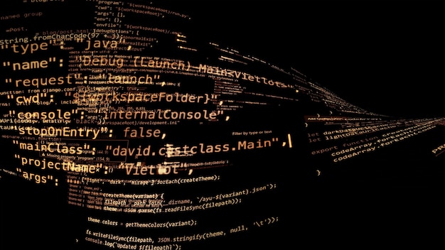 3D rendering abstract code in the virtual space. The computer code is bent in the form of a tape