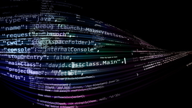 3D rendering abstract code in the virtual space. The computer code is bent in the form of a tape