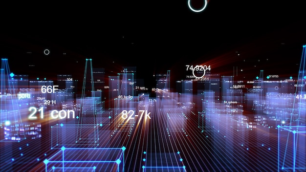 3D rendering abstract technological digital city from data in cyberspace, information storage in the information space