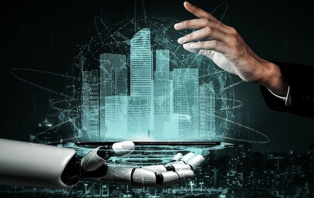 3D rendering artificial intelligence AI research of robot and cyborg development for future of people living Digital data mining and machine learning technology design for computer brain