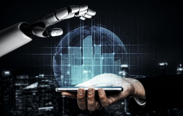 3d rendering artificial intelligence ai research of robot and cyborg development for future of people living digital data mining and machine learning technology design for computer brain