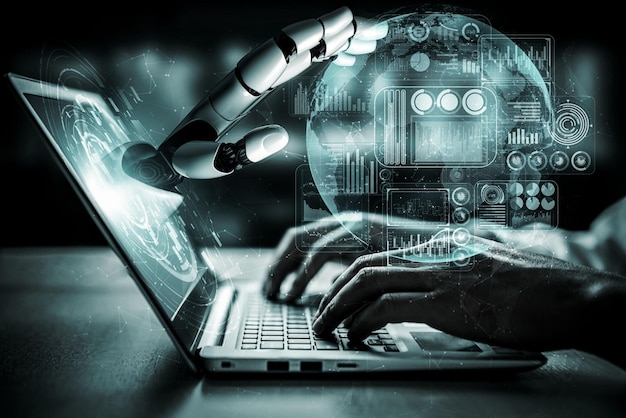 3D rendering artificial intelligence AI research of robot and cyborg development for future of people living Digital data mining and machine learning technology design for computer brain