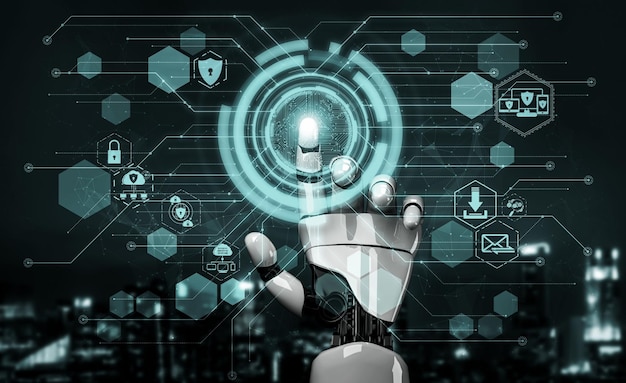 3D rendering artificial intelligence AI research of robot and cyborg development for future of people living Digital data mining and machine learning technology design for computer brain