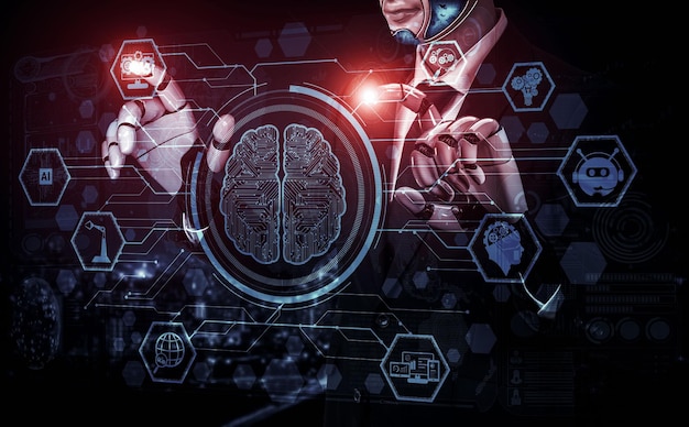 3D rendering artificial intelligence AI research of robot and cyborg development for future of people living Digital data mining and machine learning technology design for computer brain