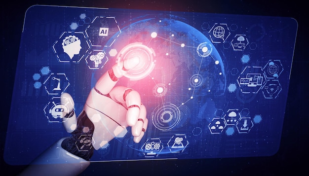 3d rendering artificial intelligence ai research of robot and cyborg development for future of people living digital data mining and machine learning technology design for computer brain