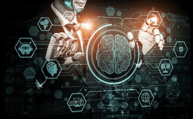 3D rendering artificial intelligence AI research of robot and cyborg development for future of people living Digital data mining and machine learning technology design for computer brain